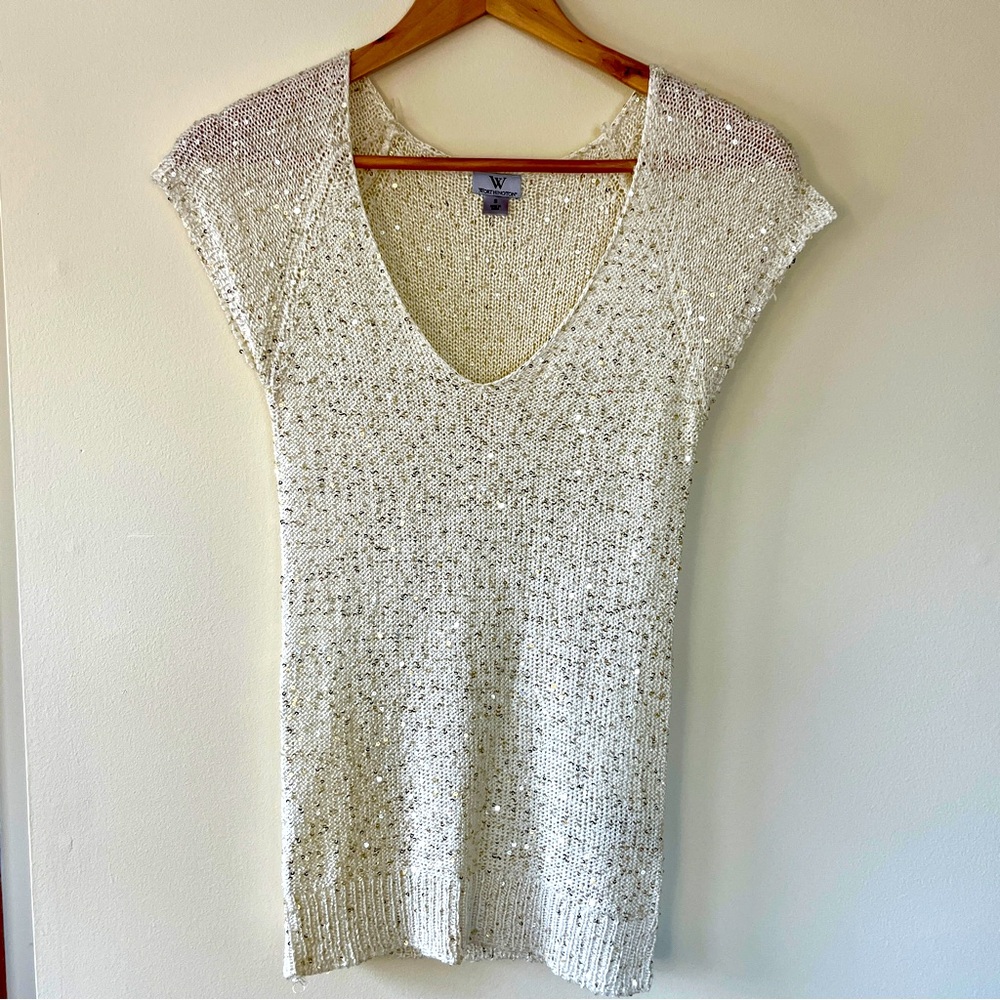 White & Gold Sequin V-neck Knit Top, women’s S